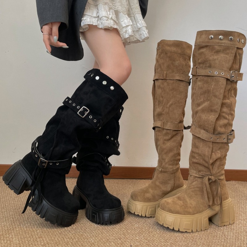 Women'S Fashion Knee High Boots - 2026 Moda Punk Tarzı Tokalı Kayışlı