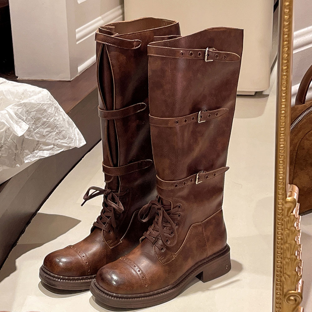 Women'S Fashion Knee High Boots - Kadın Diz Yüksek Çizmeler Vintage Kemer