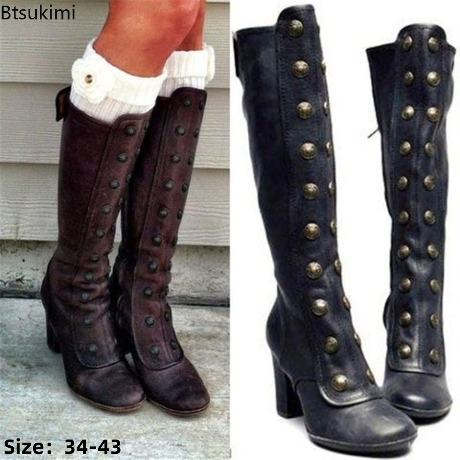 Retro Siyah Moda Perçin Detayl - Women'S Fashion Knee High Boots incelemesi ve fiyatı
